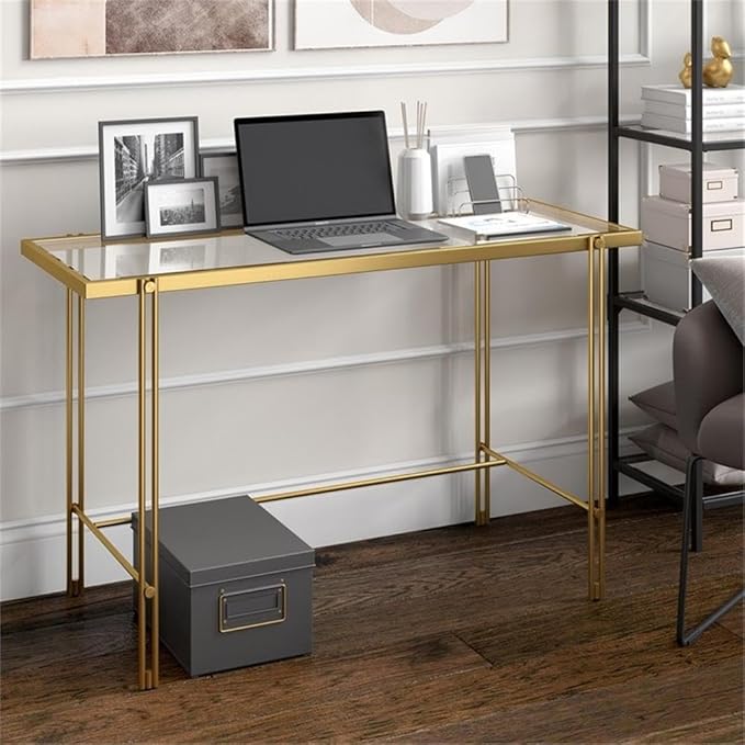 Pemberly Row Contemporary 48 Home Office Desk Brass Finish Metal Frame Tempered Glass Top Streamlined Modern Style Open Lower Space Ideal for Home Office Game Room or Vanity Area
