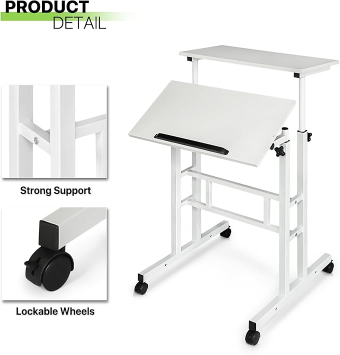 Magshion Standing Desk with Wheels Height Adjustment from 28 to 46 Sit to Stand Up Mobile Computer Desk Rolling Laptop Cart for Home Office Walking Pad Writing and Gaming White