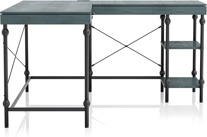 24/7 Shop at Home Monier Farmhouse Metal 2 Shelves Corner Computer Desk with USB Port Power Outlet 1 Drawer for Workstation Home Office Study Room Antique Blue