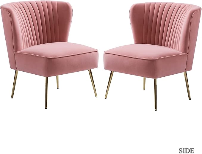 TINA'S HOME Monica Velvet Armless Side Chair Set of 2 Upholstered Accent Chair Comfy Living Room Chair with Golden Legs Wingback Mid Century Slipper Chair for Bedroom Guest Room- Blush Pink