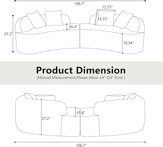 106.7 Curved Loveseat Sofa for Small Spaces - Plush Teddy Fleece Fabric Modern Love Seat with Pocket Springs &amp Memory Foam Boneless Floor Couch Set Living Room Studio 38.6 Extra Deep Seat (Whi