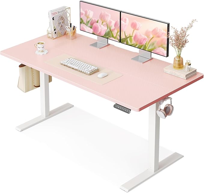 OffiGo Electric Height Adjustable Standing Desk 48 Inch Pink Computer Desk for Women Girls Sit Stand Table for Home Office Bedroom