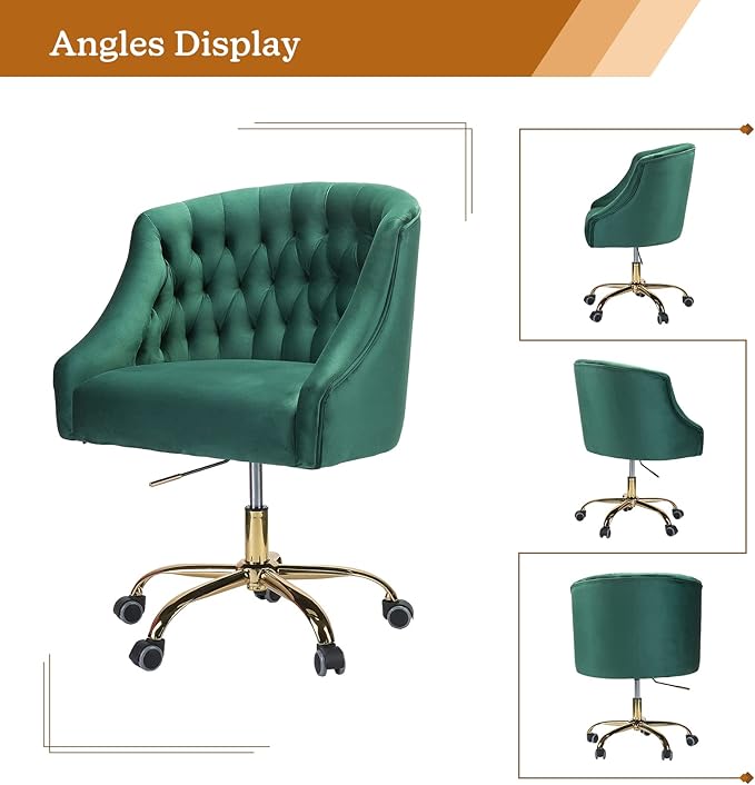 Velvet Home Office Chair with Gold Base Comfortable Modern Cute Desk Chair Adjustable Swivel Task Chair for Living Room Bedroom Vanity Study Green