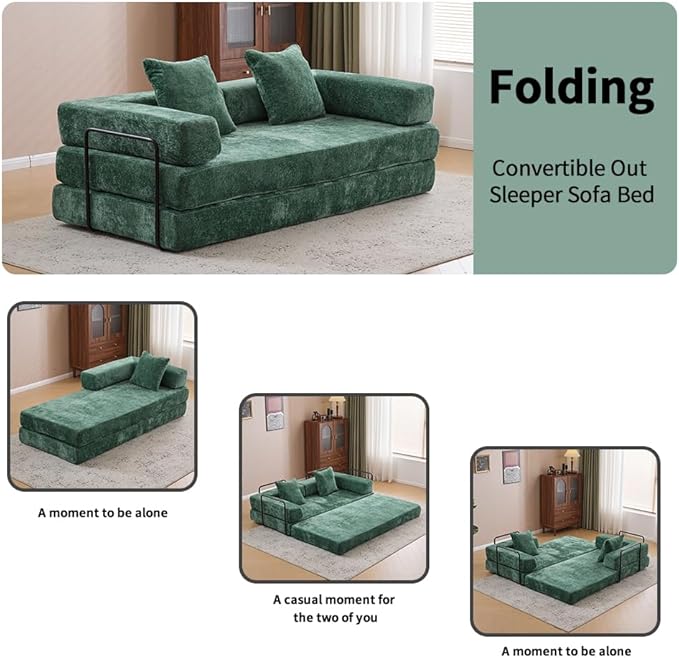Convertible Sleeper Sofa Bed with Fixed-Shape Frame Floor Sofa Lounge Couch with Cylindrical Pillow Chenille Folding Mattress Couch for Living Room Bedroom-Dark Green