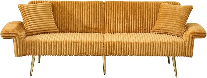 Convertible Sofa Bed Futon Couch Bed with Adjustable Arms and Backrest Modern Love Sofa with Gold Metal Legs for Living Room Bedroom (Corduroy Fabric in Yellow 79 Wx29.33 Dx27.6 H)