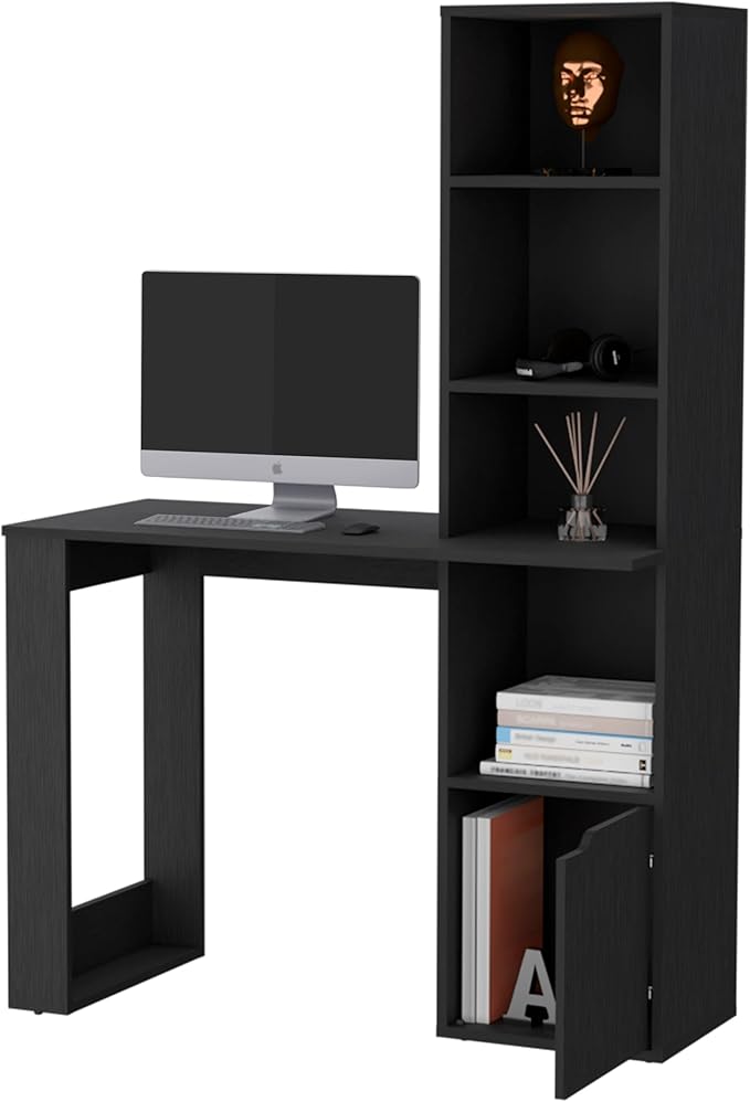 Home Office Desk Computer Desk with 4-Tier Bookcase and 1-Door Cabinet