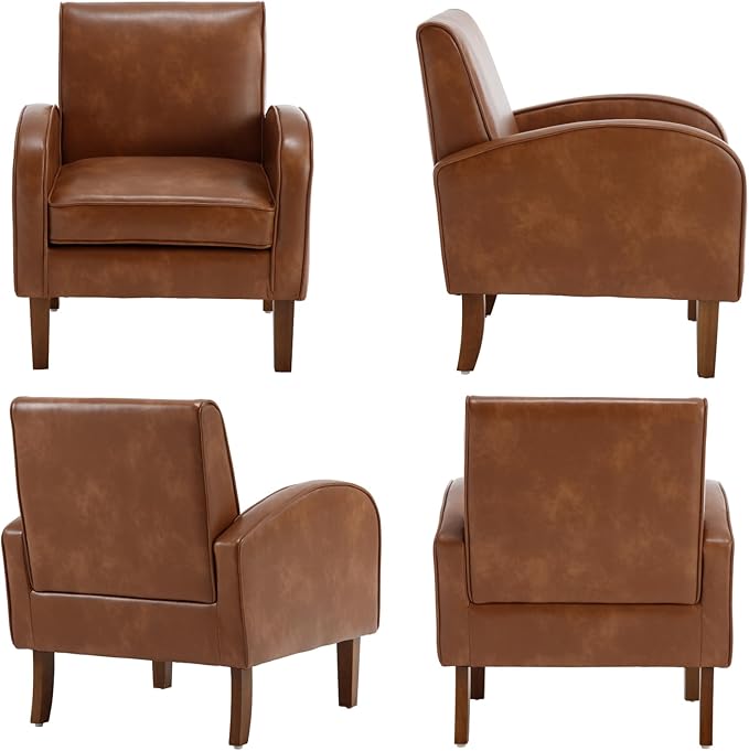 VESCASA Upholstered Accent Chair with Wood Legs PU Faux Leather Comfy Single Sofa with Curve Arms Modern Side Club Leisure Chair for Reading/Living Room/Bedroom Brown