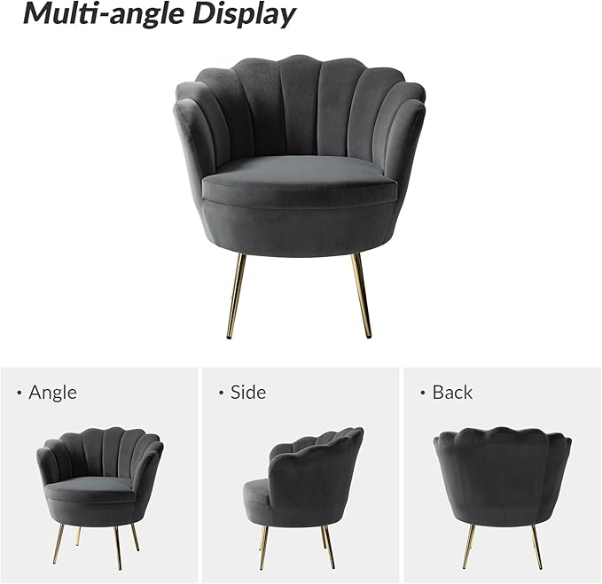 HULALA HOME Modern Velvet Accent Chair with Shell Shaped Back Cute Living Room Bedroom Armchair with Gold Legs Comfy Upholstered Vanity Chair for Makeup Room Grey