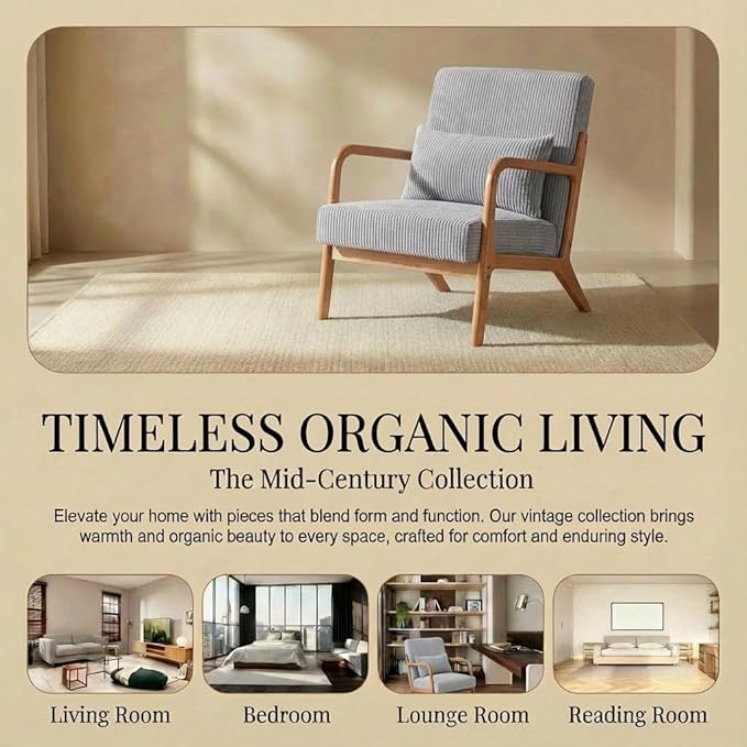 Corduroy Upholstered Mid Century Modern Accent Chair with Wide Armrests and Pillow Comfy Reading Armchair for Living Room Bedroom Guest Room (Light Grey+Light Oak Finish Frame)