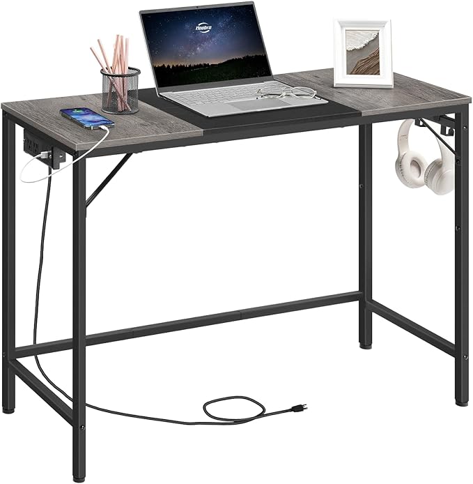HOOBRO Computer Desk Home Office Desk with Power Outlet Modern Study Writing Desk with 3 Hooks for Study Room Home Office Sturdy and Stable Easy to Assemble Charcoal Gray and Black BC41UDN01