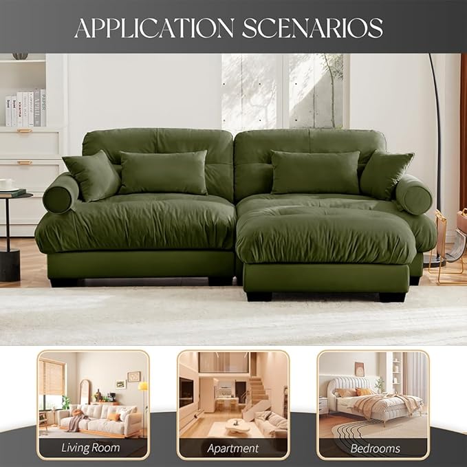 Small Sectional Couch for Living Room 93.7 Loveseat Cloud Couch with Ottoman Deep Seat L Shape Sofa with Pillows Comfy Velvet Sofas Couches