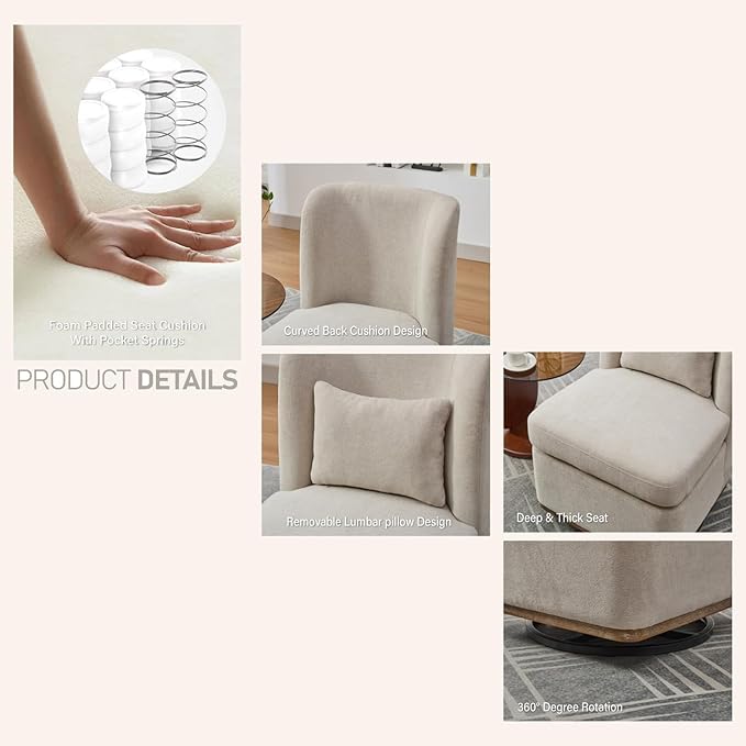 Swivel Accent Chair for Living Room25.2 Modern Chenille 360° Rotating Armless Chair with Metal BaseUpholstered Seat &amp PillowReading Chair for Office &amp Bedrooms (Beige)