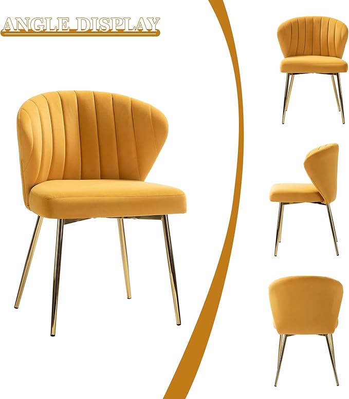 HULALA HOME Velvet Dining Chair Cute Armless Accent Chair Living Room Chair with Golden Legs Mid Century Modern Upholstered Side Chair for Kitchen Vanity Mustard