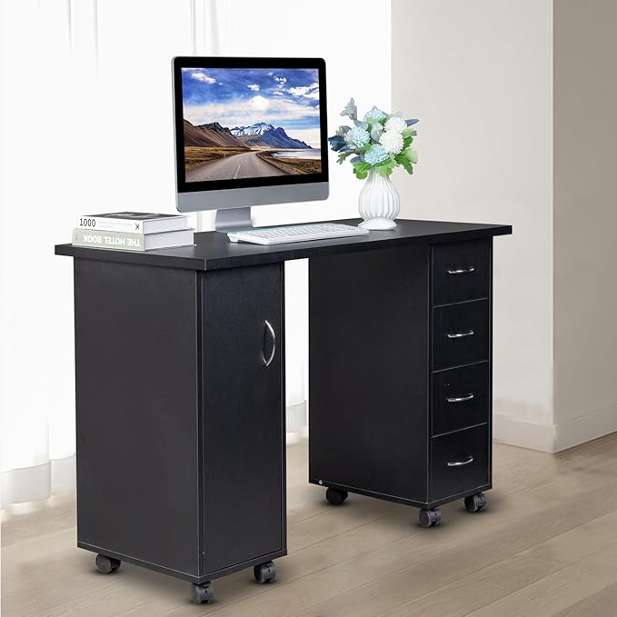 Black Rolling Home Office Desk with 4 Drawers Wheels Mobile Study Writing Desk for Dorm Apartment BedroomRolling Black Work DeskHome Office Desk Desk with Storage 47 L x 21.3 W x 31.9 H