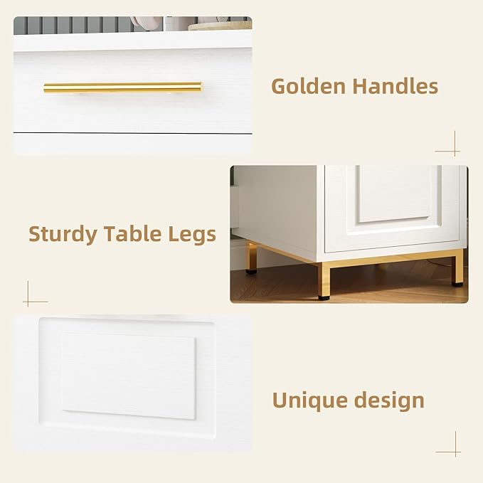 4 EVER WINNER White Desk with Drawers 44 Inch Computer Desk with Storage and Golden Handle Writing Desk Sturdy Table for Home Office White and Gold Desk