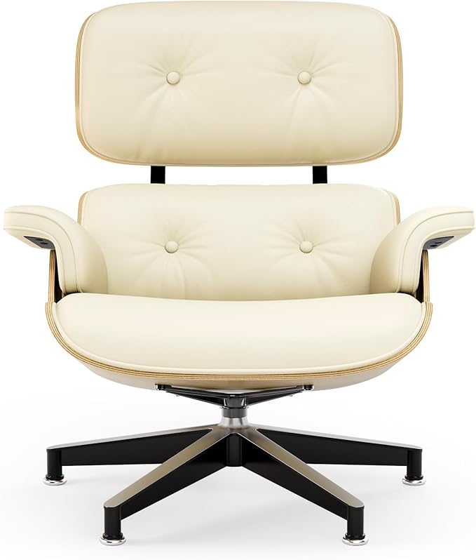 Top Cream White Grain Leather Mid Century Chaise Lounge Chair and Ottoman Modern Chair Classic Design Ash Wood Heavy Duty Base Support for Living Room Office