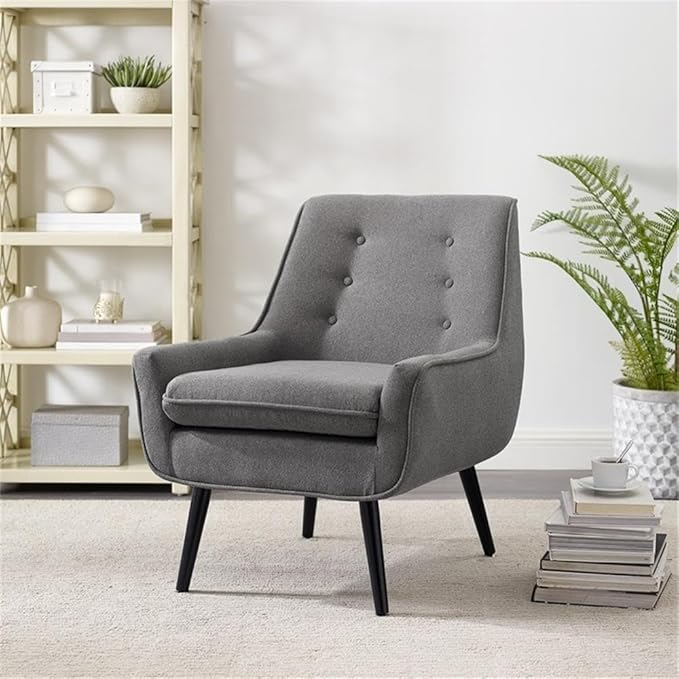 Allora Polyester Upholstered Button-Tufted Accent Chair Gray Fabric Modern Design with Black Finished Legs Pinewood Frame Plush Cushioned Seat 27.5W x 30.75D x 32.25H for Living Room or Office