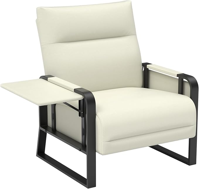 Faux Leather Accent Chair with Flip Up Tray Table Soft Backrest Side Pocket for Living Room Office Bedroom Leather Accent Chair Beige