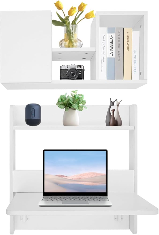 Wall Mounted Folding Desk Solid Wood Floating Laptop Desk with Wall Mounted Bookshelf for Living Room Coffee Shop Apartments 88lbs Table Load-Bearing (White)
