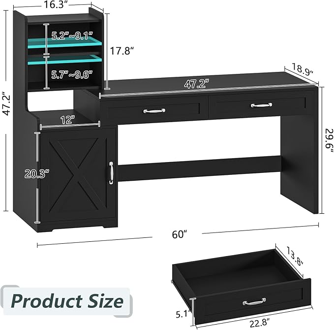 60 Computer Desk with 2 Drawer &amp Bookshelves Home Office Desk with Storage Cabinet &amp Spacious Desktop Writing Gaming Study Table with Bookcase Black