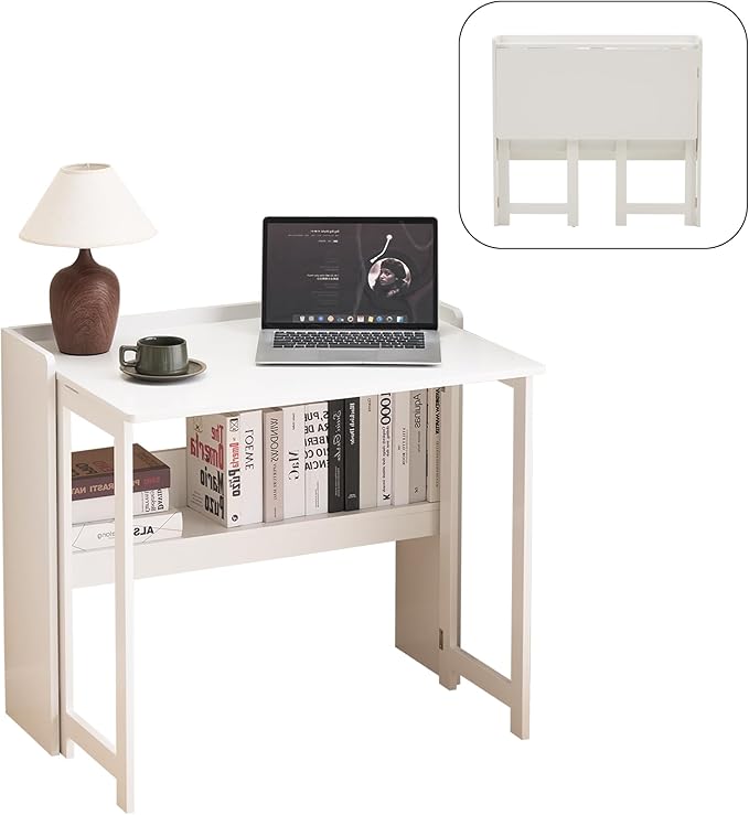 Foldable DeskFolding Table with Storage Shelf32.6 Inch Fold Out Computer Desk for Small SpacesWriting Desk for Bedroom Home Office Dorm and Apartment (White)