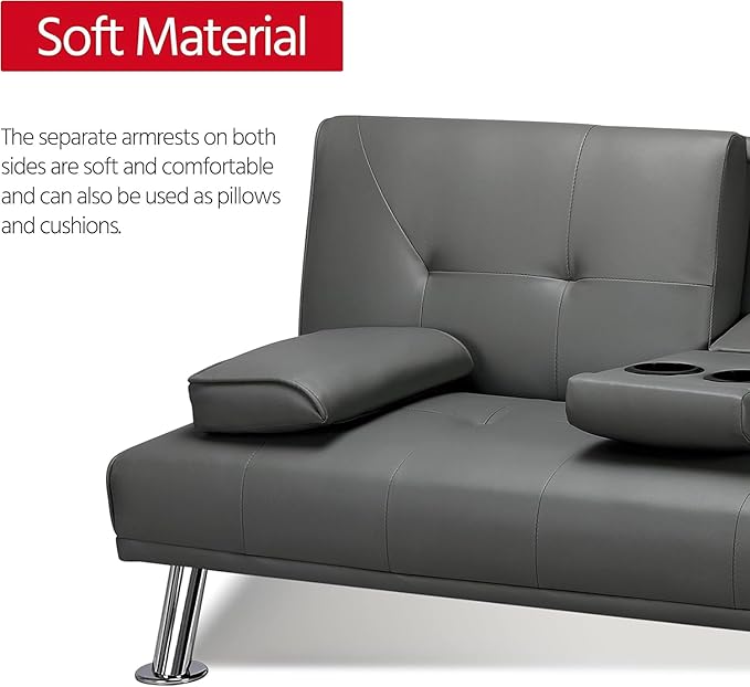 Futon Sofa Bed Modern Folding Couch for Small Space Faux Leather Convertible Loveseat Sleeper Bed Daybed Recliner Lounge Sofas for Living Room2 Cup HoldersMetal LegsRemovable Armrests (Gray)