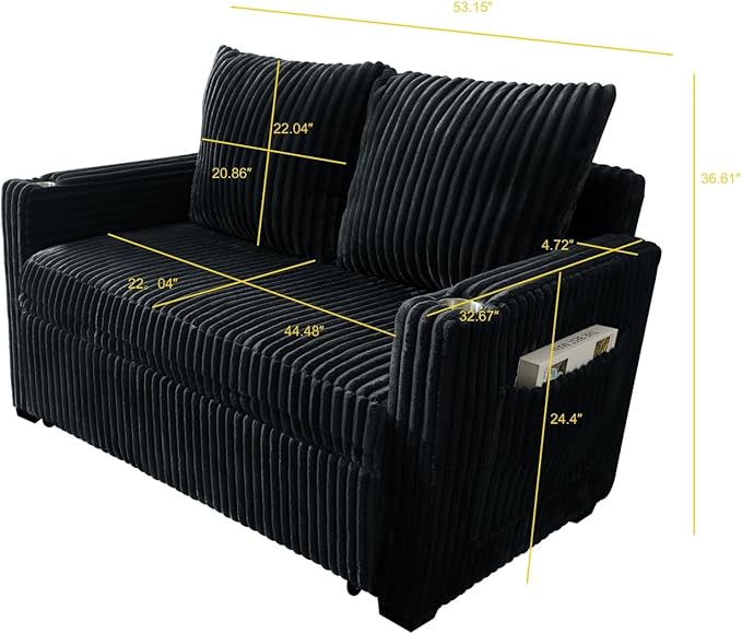 3 in 1 Pull Out Couch 56 Inch Corduroy Sofa Bed Convertible Loveseat Sleeper Sofa for Living Room Adjustment Backrest Upholstered Couch Bed with 2 Side Pockets USB Cup Holder Black