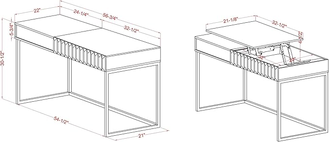 24/7 Shop at Home Bellevue Modern Metal Hidden Storage Writing Desk with Lift-Top for Workstation Home Office Study Room Antique White and Gold