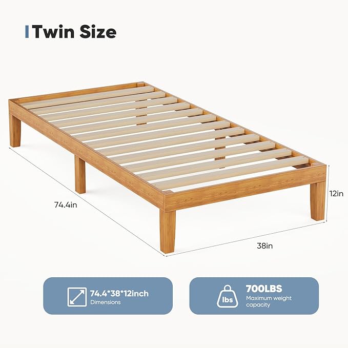 DUMOS Solid Wood Bed Frame Twin Size Bed Base with Wood Slat Support Sturdy Stylish &amp Noise-Free Design No Box Spring Needed Easy Assembly 12 in Natural Pine