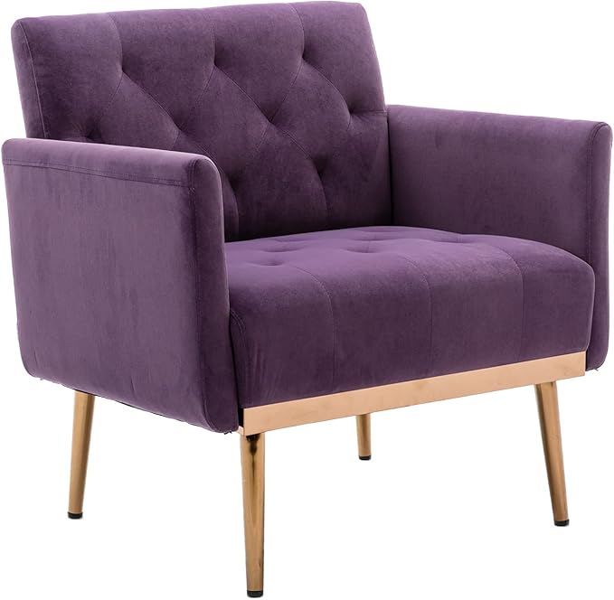 Modern Accent Chair Upholstered Single Sofa Arm Chair for Living Room and Bedroom Upholstered Comfy Armchair Chair with Solid Tapered Metal Legs (Purple)