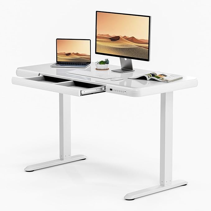 FLEXISPOT Comhar Electric Pure Glass Standing Desk with Drawer Desktop &amp USB Charge Ports 48 Ergonomic Height Adjustable Sit to Stand Desk for Home Office (White Glass)