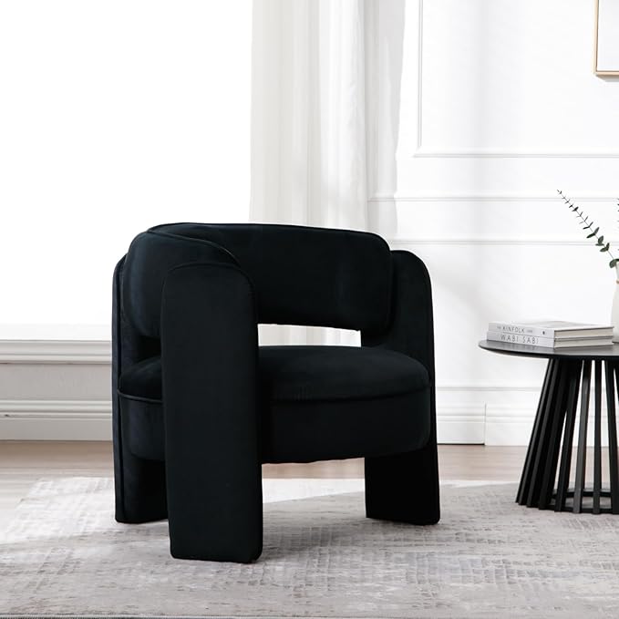 Modern Accent Chair Low Seat Round Upholstered Lounger Chair with Barrel Back Solid Wood Legs Mid Century Velvet Comfy Armchair Cozy Side Chair for Living Room Bedroom Black