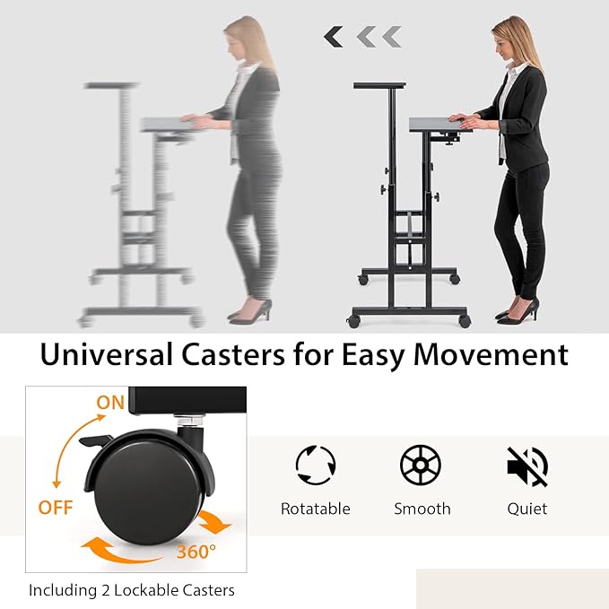 Tangkula Mobile Stand Up Desk Height Adjustable Home Office Desk with Standing &amp Seating 2 Modes Tilting Tabletop &amp Flexible Wheels Rolling Laptop Cart Sit Stand Desk (Black)