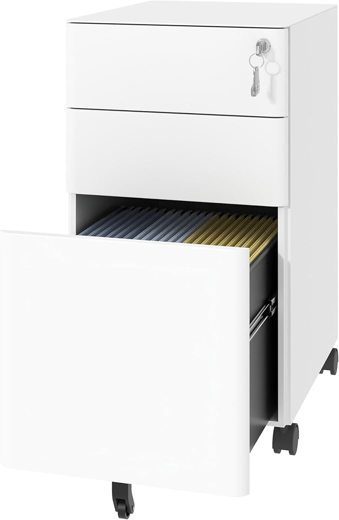 3-Drawer Mobile File Cabinet with Lock Black Small Under Desk Metal Rolling Filing Storage Cabinets with Casters for Home Office Fully Assembled Holds A4/Letter Files (White+3-Drawer 24.02)