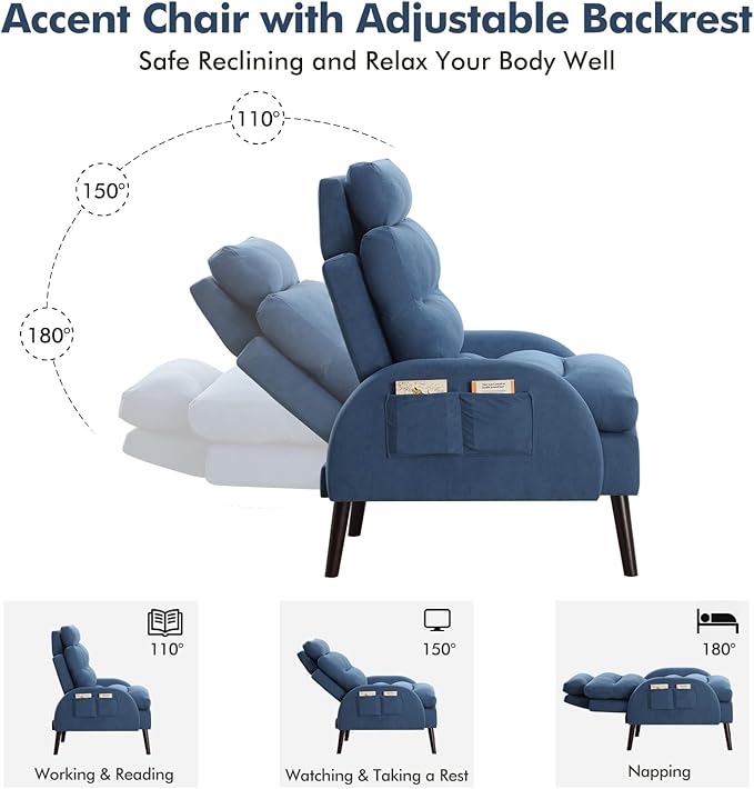 Accent Chair with Ottoman Velvet Comfy Reading Chair and Ottoman Set Modern Oversized Velvet Lounge Sleeper Armchair with Adjustable Backrest for Living Room Bedroom Blue