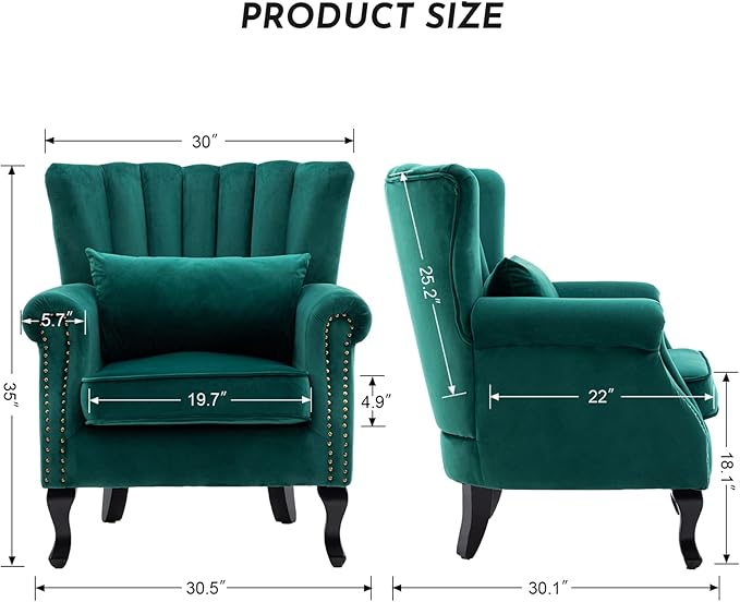 Accent Reading Arm Chairs Midcentury Modern Comfy Corner Sofa Chair Wingback Waiting Room Club Chair with Tufted Back for Living Room/Bedroom/Reception Room Velvet Green