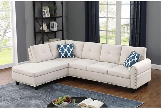 Devion Furniture Polyester Fabric Sectional Sofa with Lift-top Storage Ottoman Tufted Design in Beige Finish