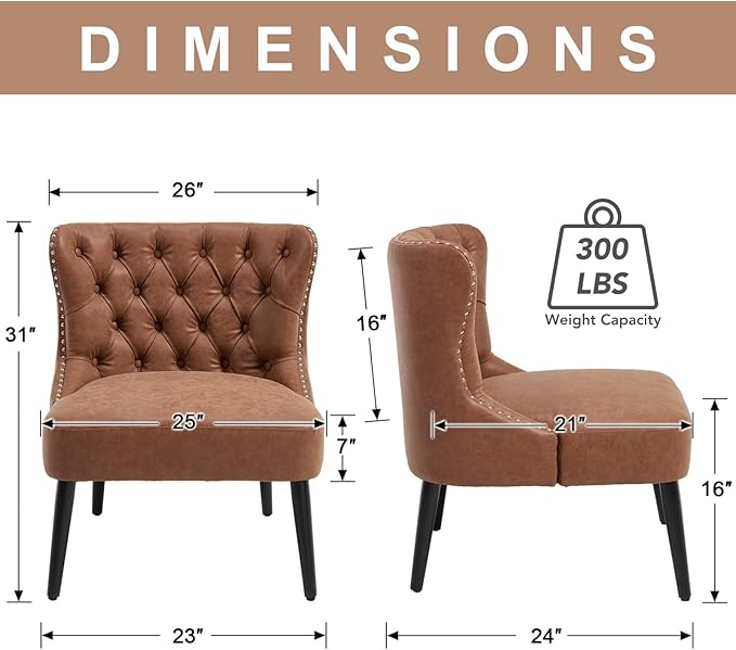 chairus Tufted Slipper Accent Chairs Set of 2 Faux Leather Upholstered Armless Living Room Chairs with Nailhead Trim Mid-Century Modern Wingback Side Chairs for Bedroom Office Brown PU