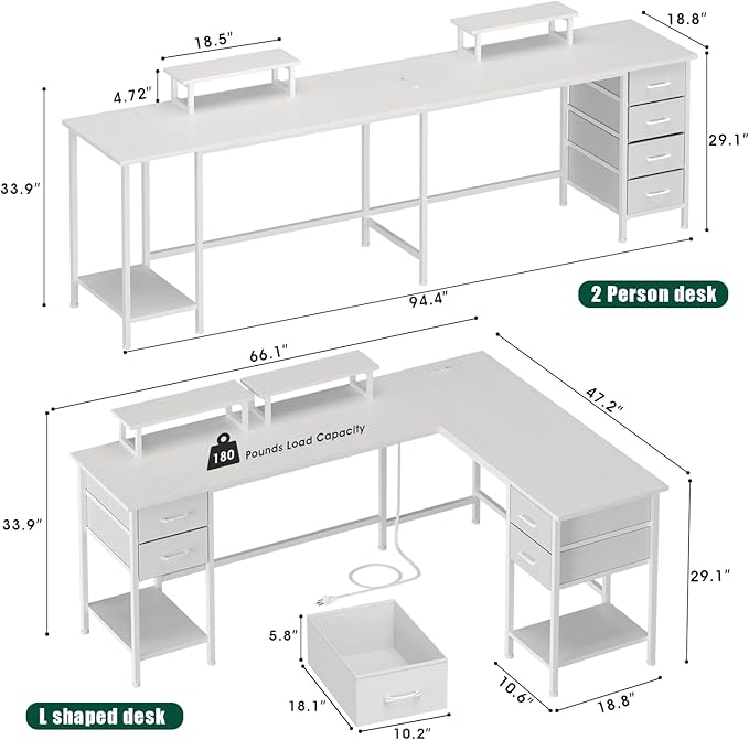 66 L Shaped Computer Desk 94.4'' Home Office Desk with Power Outlets 4 Adjustable Storage Drawers &amp 2 Monitor Stands Large Two Person Gaming Table for Writing Study White