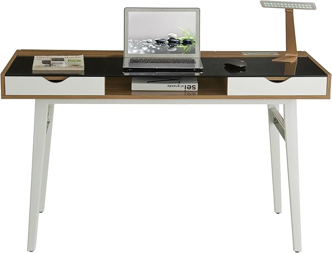 51 Compact Computer Desk with Black Tempered Glass Top Easy-Access Back Storage Compartment 2 Drawers Open Shelf and Cable Management Stylish Home Office Desk with White Steel Frame Walnut