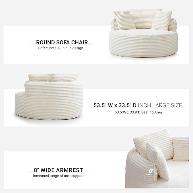 Oversized Round Lounge Chair Indoor Corduroy Upholstered Deep Seat Cloud Circle Sofa Chair Fluffy Boneless Sleeper Chair for Reading &amp Lounging No Assembly Required (Beige)