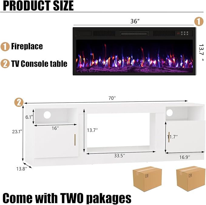 VITESSE Fireplace with TV Stand 36 inch Electric Fireplace Up to 80 TVs LED Light Entertainment Center 70 Modern Wood High Gloss with Highlight Storage Cabinet for Living Room (White)