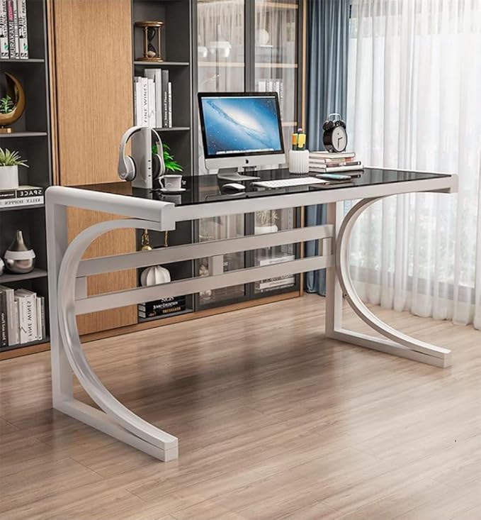 LITFAD Modern Office Desk Tempered Glass Desktop Computer Desk Home Office Study Desk with Metal Legs - 39.4 L x 23.6 W x 29.5 H White Base &amp Black Table Top Without Chairs