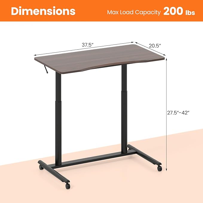 Tangkula Mobile Standing Desk C-Shaped Sit Stand Desk with Adjustable Height Lockable Wheels &amp Metal Frame Rolling Laptop Desk Portable Computer Workstation for Small Space