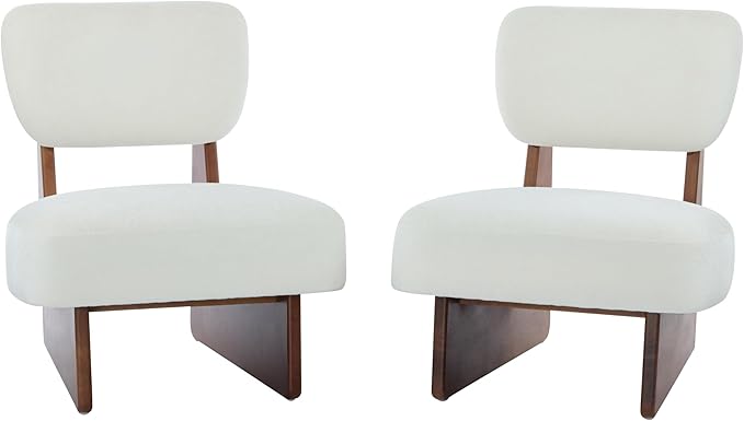 Christopher Knight Home Mores Low Profile Accent Chair Set of 2 Modern Living Room Armless Lounge Chair Fabric Comfy Reading Chair for Bedroom Wooden Frame and Thick Padded Seat White+Walnut