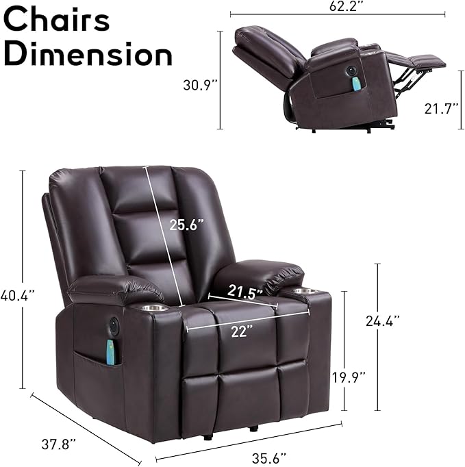 Bonzy Home Power Lift Chair with Heat and Massage Faux Leather Lift Recliner Chair for Adults Elderly Upholstered Recliner with 2 Cup Holders Side Pocket USB and Type-c Port Brown