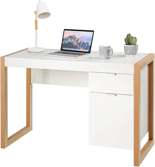 Tangkula Wooden Home Office Desk with Drawer &amp Cabinet PC Laptop Workstation Study Writing Desk Ideal for Bedroom Home Office (White &amp Natural)