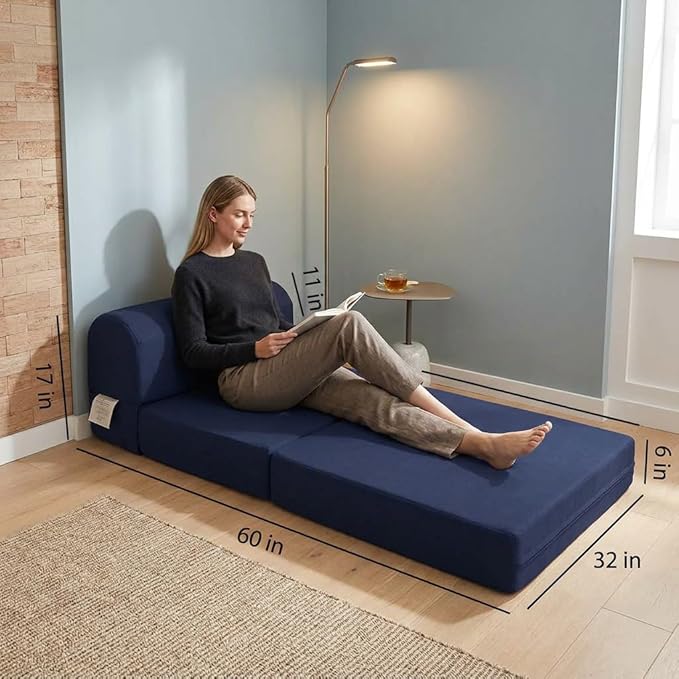 D&ampD Futon Furniture Sleeper Chair Folding Foam Bed Portable Studio Guest Sofa Beds 6 x 32 x 70 Navy Blue