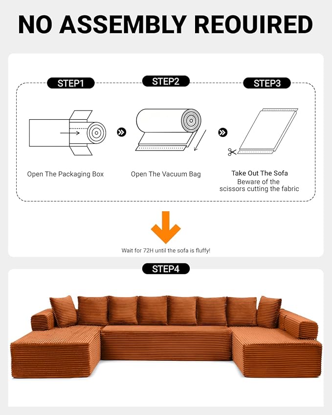 145 Oversized Cloud Boneless Sectional Sofa with Chaise Corduroy U Shaped Modular Couch with Deep Seat Fixed Frame Comfy Corner Sofa No Assembly Required (Orange)