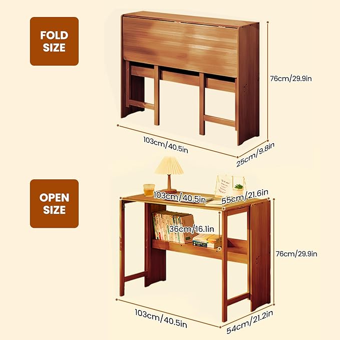 41 Bamboo Folding Desk with Bookshelf Folding Bamboo Desk for Small Spaces Computer Table Space Saving Wooden Desks for Home Bedroom Study Office Bamboos Writing Desks Brown